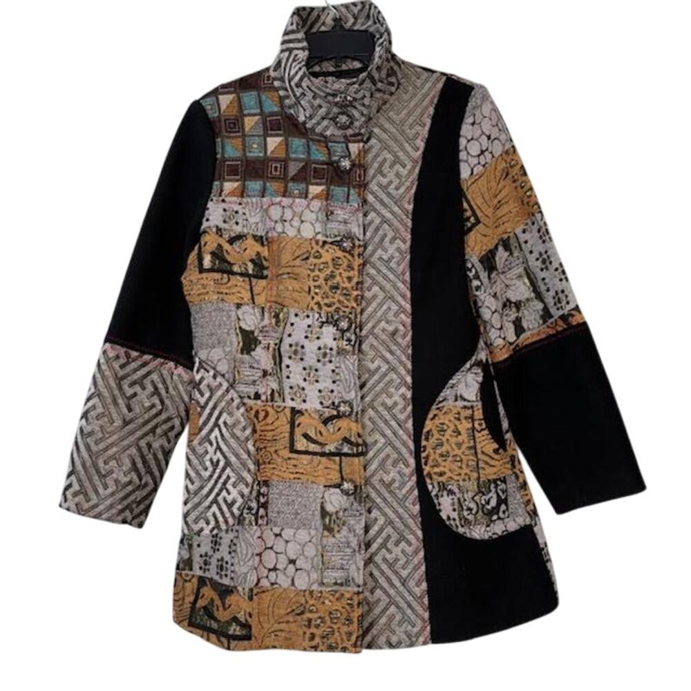 Zashi Multicolor Abstract Patchwork Crochet Embroidered Jacket Artsy Boho Small